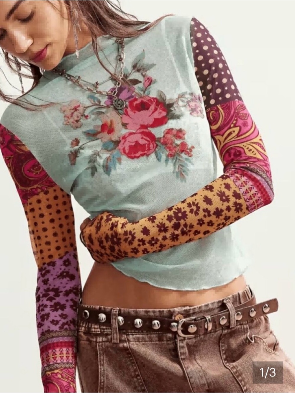 Mint Floral Patchwork Long Sleeve Crop Top - Multi